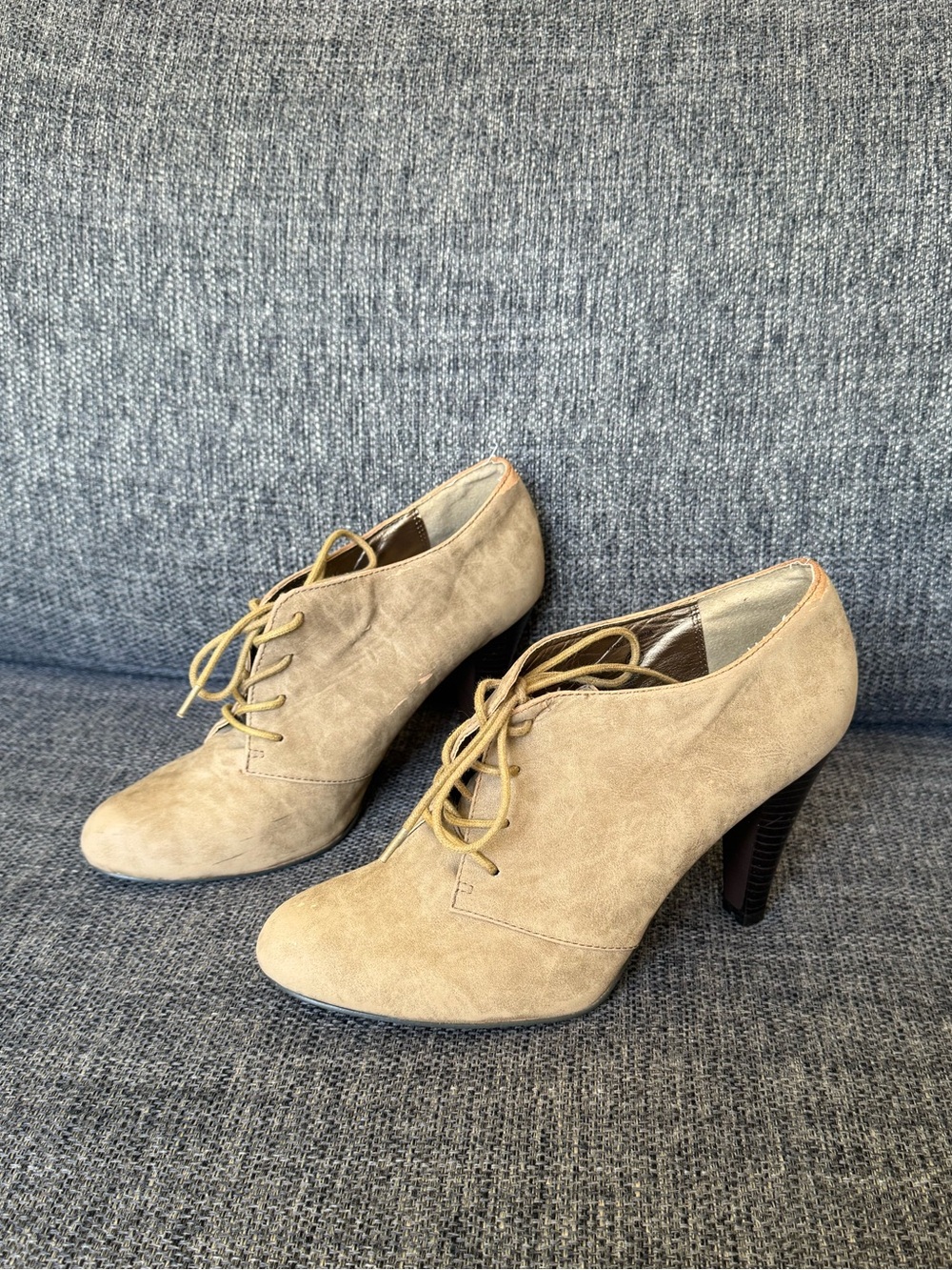 Call It Spring Lace Up Suede Heeled Booties in Beige